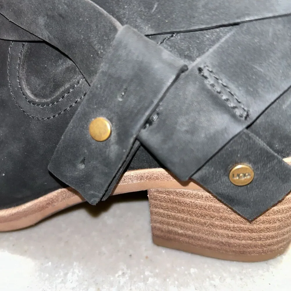 UGG Boots Womens 5 Elora Ankle Booties Black Suede Block Heels Pull‎ On EUC